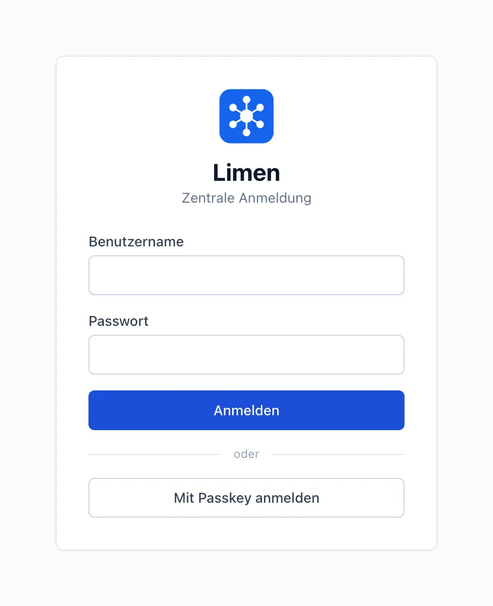 Anmeldemaske mit Feldern für Benutzername und Passwort, der Schaltfläche „Anmelden“ und darunter „Mit Passkey anmelden“.