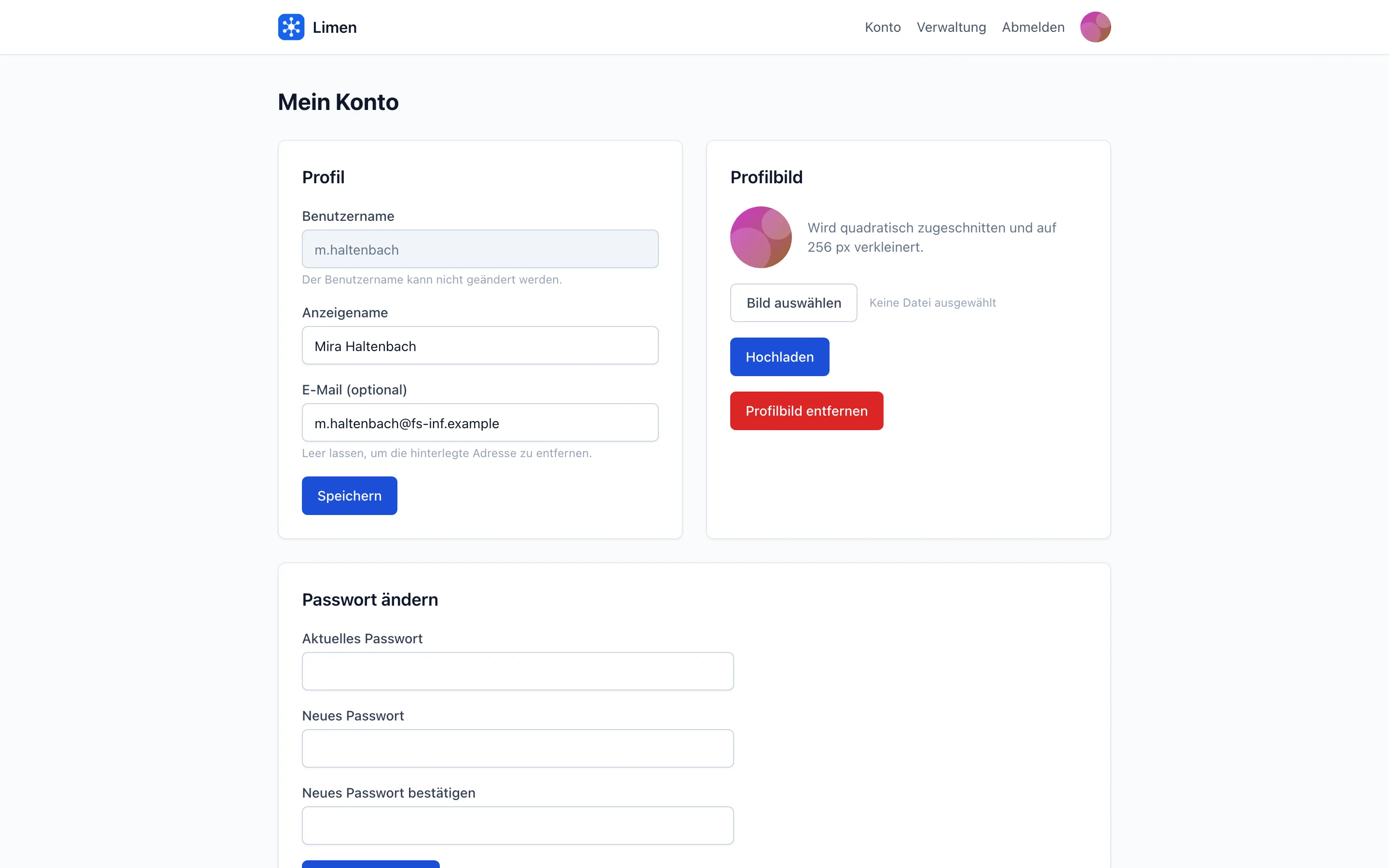 Die Kontoseite einer angemeldeten Person: oben die Navigation zu Konto und Verwaltung, darunter die Karten „Profil“ mit dem unveränderlichen Benutzernamen und „Profilbild“.