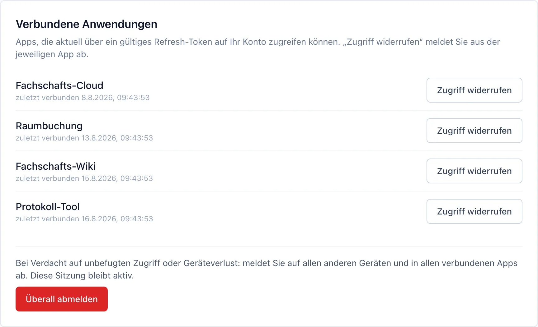Vier verbundene Anwendungen – Fachschafts-Cloud, Raumbuchung, Fachschafts-Wiki und Protokoll-Tool – jeweils mit dem Zeitpunkt der letzten Verbindung.